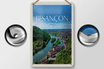 Panneau de voyage en étain, 12x18cm, rétro, Besançon, France, vue panoramique 2