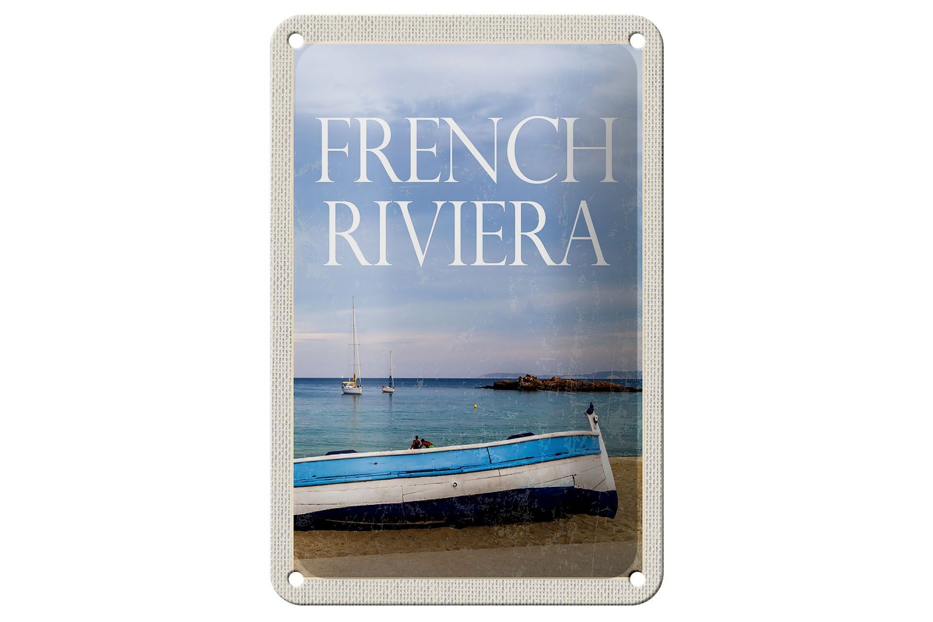 Blechschild Reise 12x18cm Retro french riviera Meer Boot Urlaub Schild