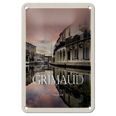 Cartel de chapa de viaje, 12x18cm, Grimaud, Francia, imagen panorámica, cartel de regalo