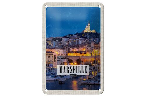 Blechschild Reise 12x18cm Retro Marseille France Panorama Nacht Schild