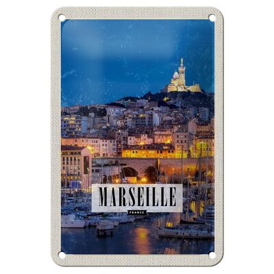 Blechschild Reise 12x18cm Retro Marseille France Panorama Nacht Schild