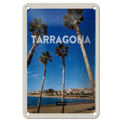 Cartel de chapa de viaje, 12x18cm, Tarragona, España, palmeras con vista al mar