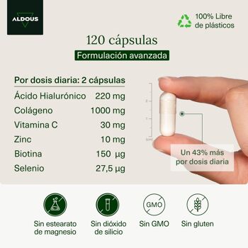 Collagène + Acide Hyaluronique, Vitamine C, Biotine, Zinc, Sélénium Aldous | 120 gélules XL 3