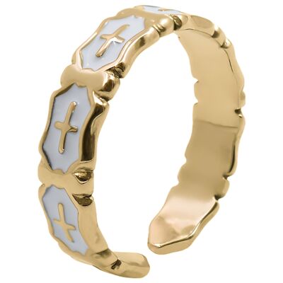 Adjustable steel ring - Gold PVD white enamel