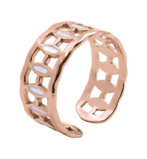 Bague réglable acier - PVD rosé email blanche