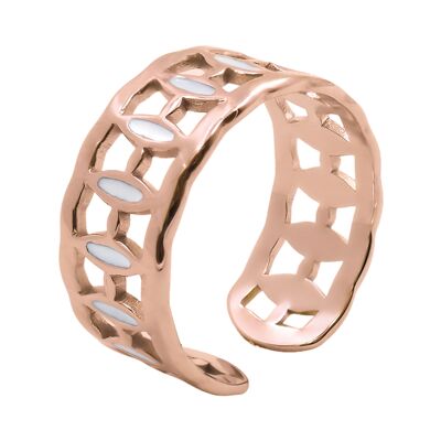 Anillo ajustable de acero - PVD rosa esmaltado blanco