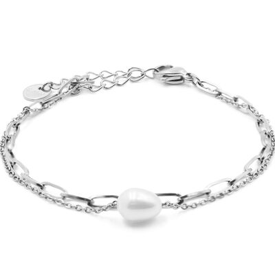Bracelet en acier 2 rangs - perles naturelles