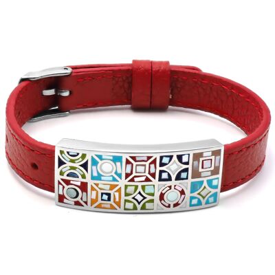 Bracelet in steel, enamel and mother-of-pearl red leather