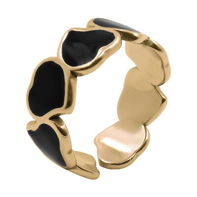 Anillo ajustable de acero - PVD oro - esmalte negro