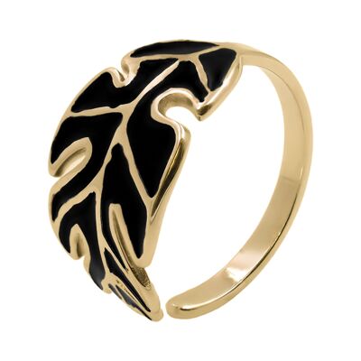 Adjustable steel ring - gold PVD - leaf, email