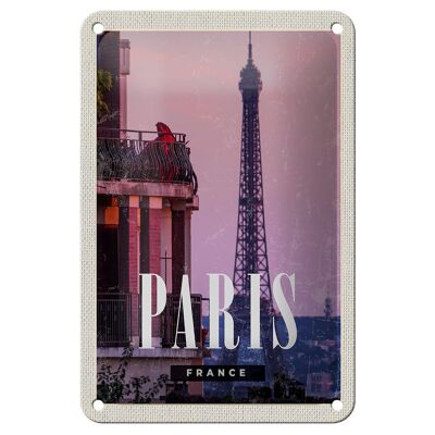 Tin sign travel 12x18cm Paris France sunset tower decoration