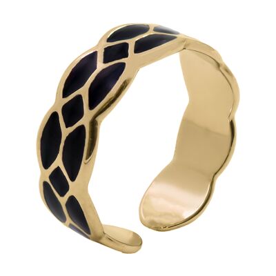 Adjustable steel ring - gold PVD - black enamel