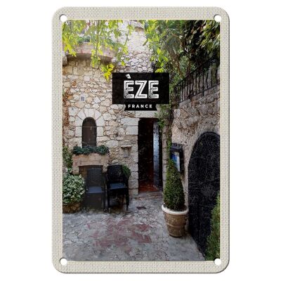 Tin sign travel 12x18cm Eze France stone house architecture decoration