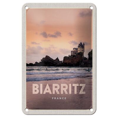 Blechschild Reise 12x18cm Biarritz France Felsenschloss Meer