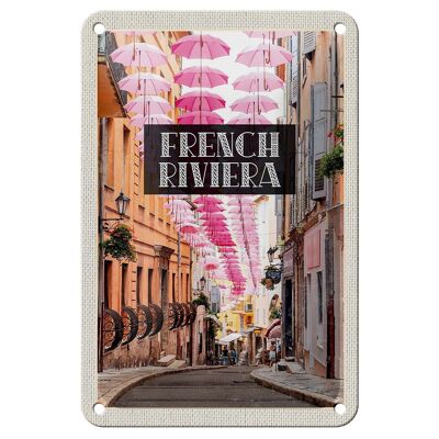Cartel de chapa de viaje, 12x18cm, paraguas rosa de la Riviera Francesa, cartel del casco antiguo