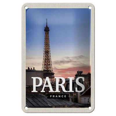 Cartel de chapa de viaje, decoración de atardecer de París, Francia, 12x18cm