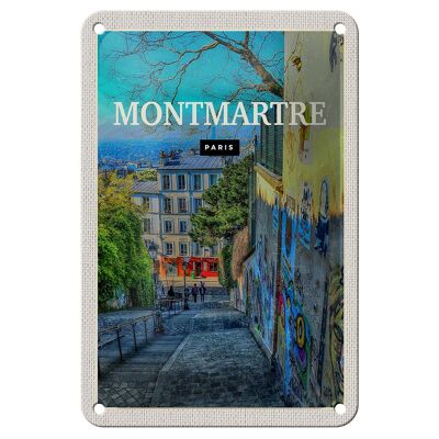 Cartel de chapa Travel 12x18cm Montmartre París Casco antiguo Anochecer