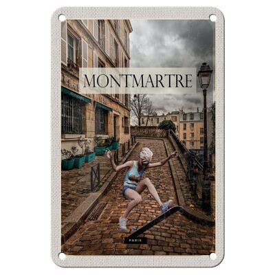 Cartel de chapa de viaje, 12x18cm, Montmartre, París, monopatín, cartel de mujer