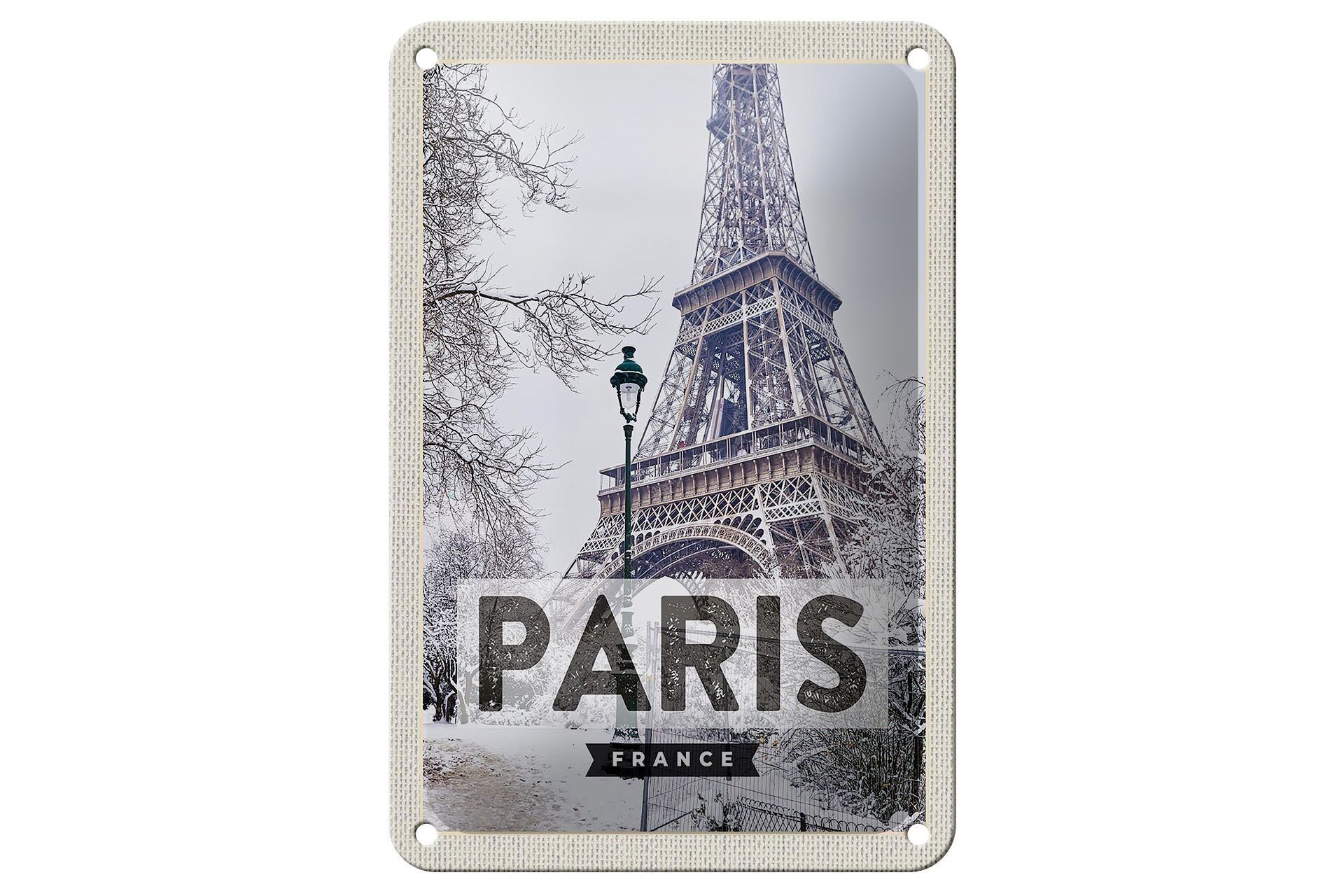 Targa in metallo da viaggio 12x18 cm Parigi Francia Torre Eiffel Targa con neve