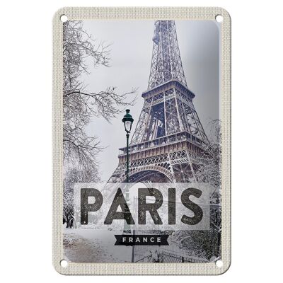 Targa in metallo da viaggio 12x18 cm Parigi Francia Torre Eiffel Targa con neve
