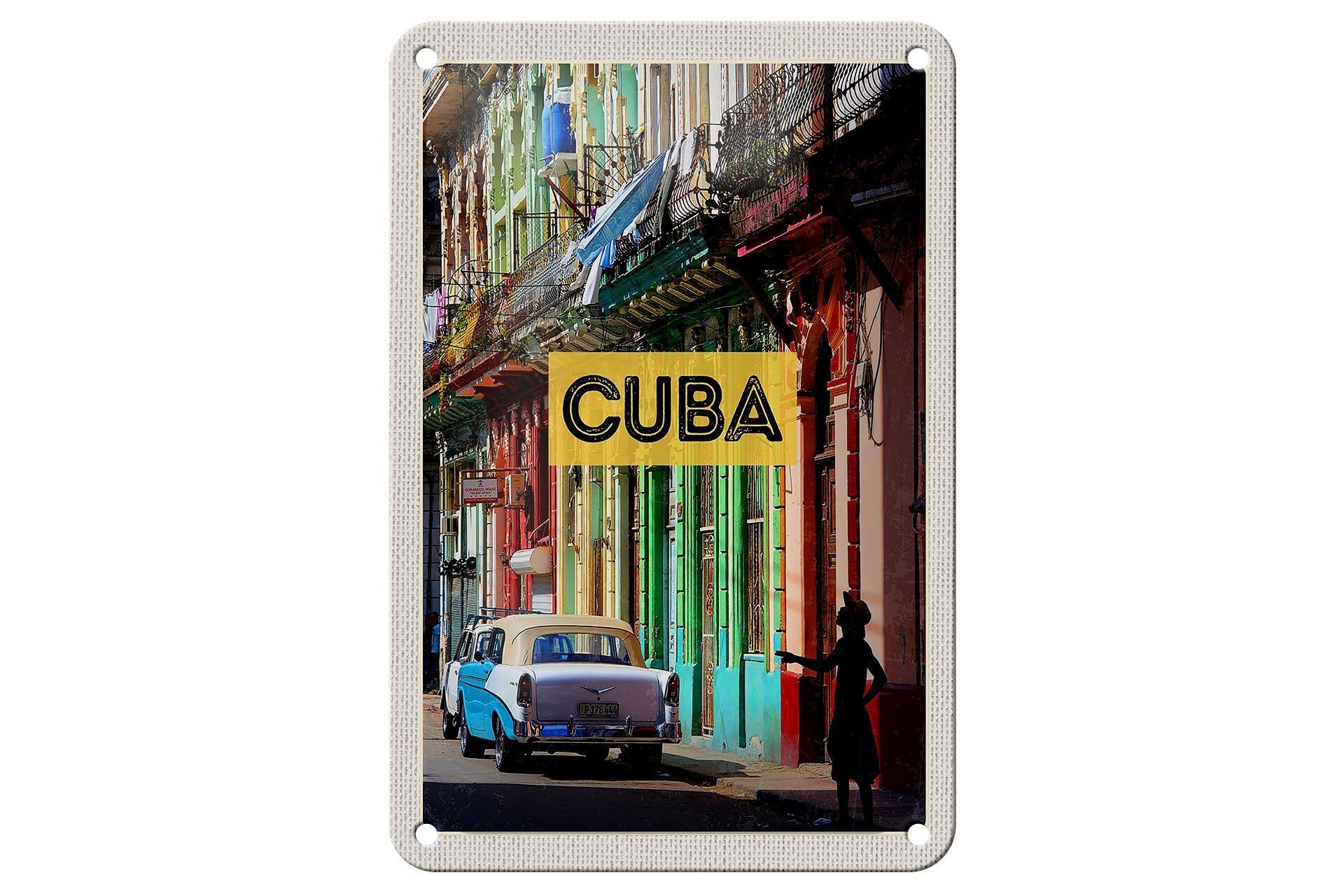 Targa in metallo da viaggio 12x18 cm Cuba Caraibi Vintage Car House Alley Sign