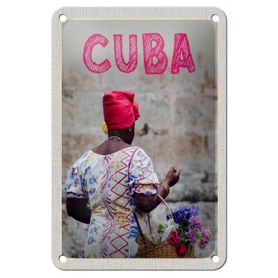 Cartel de chapa de viaje, 12x18cm, Cuba, Caribe, mujer, cesta con letrero de flores