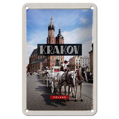 Cartel de chapa de viaje, 12x18cm, Cracovia, Polonia, caballo, centro de la iglesia