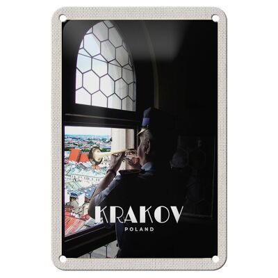 Tin sign travel 12x18cm Krakow Poland man trumpet decoration