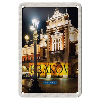 Cartel de chapa de viaje, 12x18cm, Cracovia, Polonia, ciudad de noche, cartel de linterna