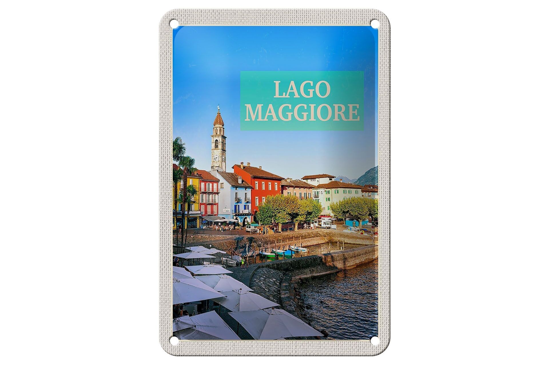Letrero de chapa de viaje, 12x18cm, edificio del lago Maggiore, cartel de paraguas de mar