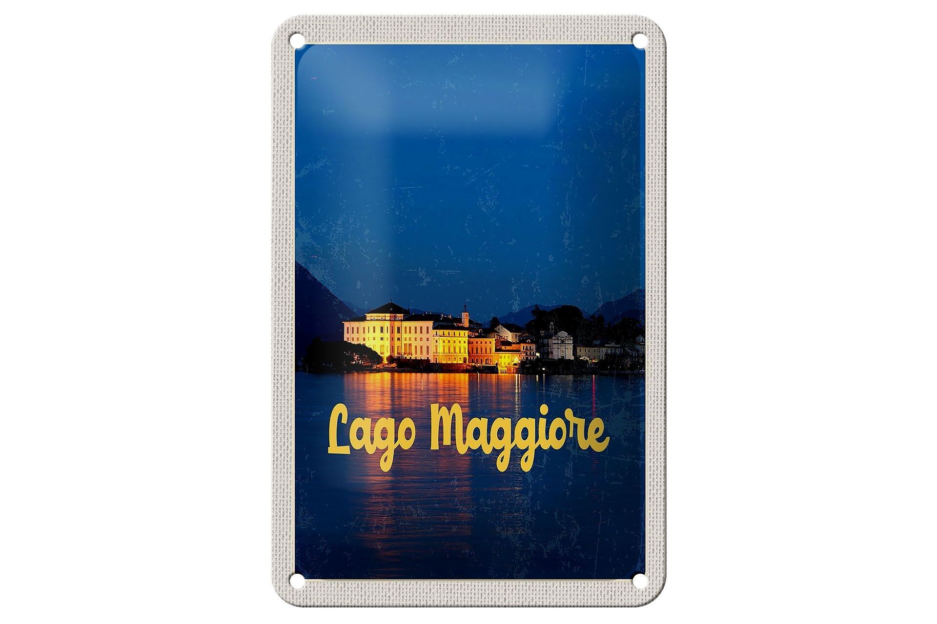 Cartel de chapa de viaje, 12x18cm, isla del lago Maggiore de noche, cartel de mar