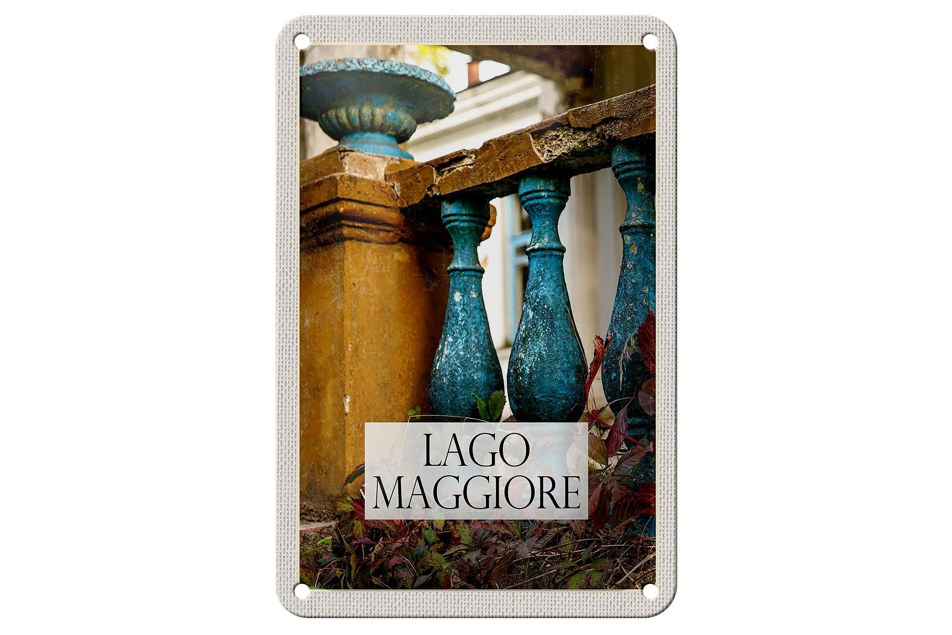 Letrero de hojalata para viaje, 12x18cm, lago Maggiore, balcón, pintura, letrero de piedra