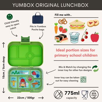 Yumbox Original boîte à lunch bento 6 sections sans fuite - Vert Matcha / Funny Monsters 2