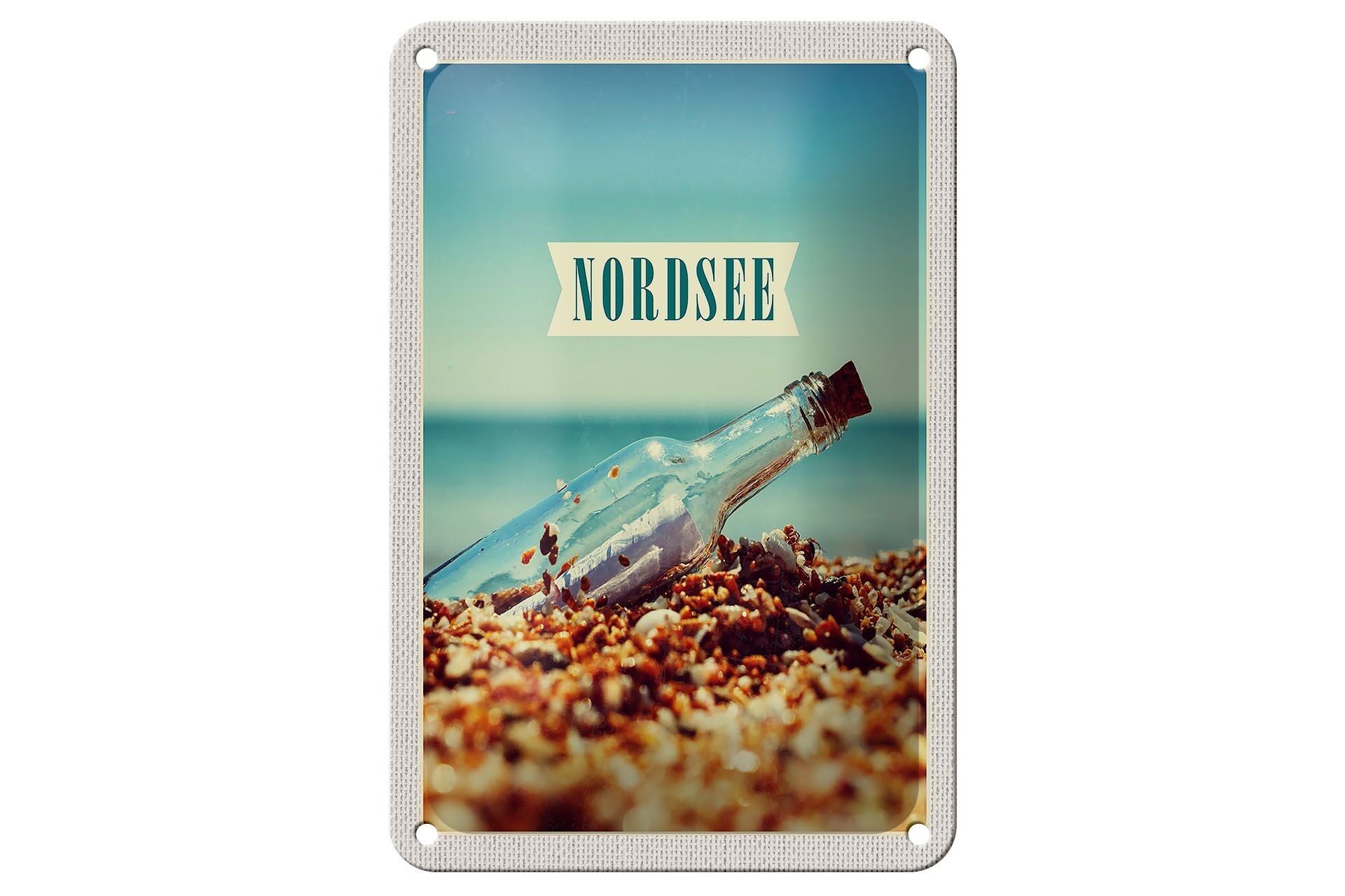 Targa in metallo da viaggio, 12 x 18 cm, spiaggia del Mare del Nord, messaggio in bottiglia