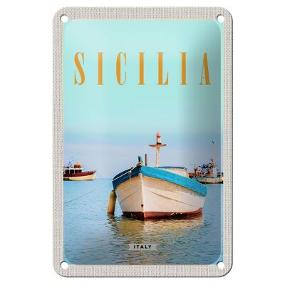 Panneau de voyage en étain, 12x18cm, sicile, italie, bateau, rivage, plage, mer