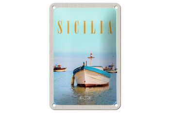 Panneau de voyage en étain, 12x18cm, sicile, italie, bateau, rivage, plage, mer 1