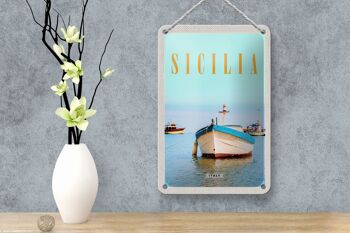 Panneau de voyage en étain, 12x18cm, sicile, italie, bateau, rivage, plage, mer 4