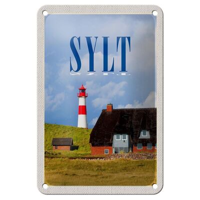 Blechschild Reise 12x18cm Sylt Häuser Dach aus Moos Leuchtturm Schild