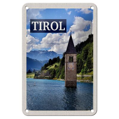 Cartel de chapa de viaje, 12x18cm, Tirol, Austria, torre de la iglesia en el agua