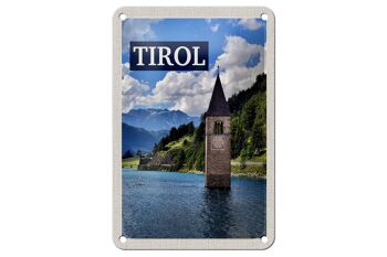 Panneau de voyage en étain 12x18cm, tour d'église du Tyrol autriche dans l'eau 1