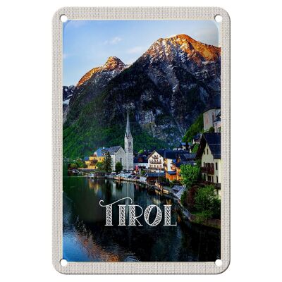 Targa in metallo da viaggio 12x18 cm Decorazione città del Tirolo sull'acqua e montagne