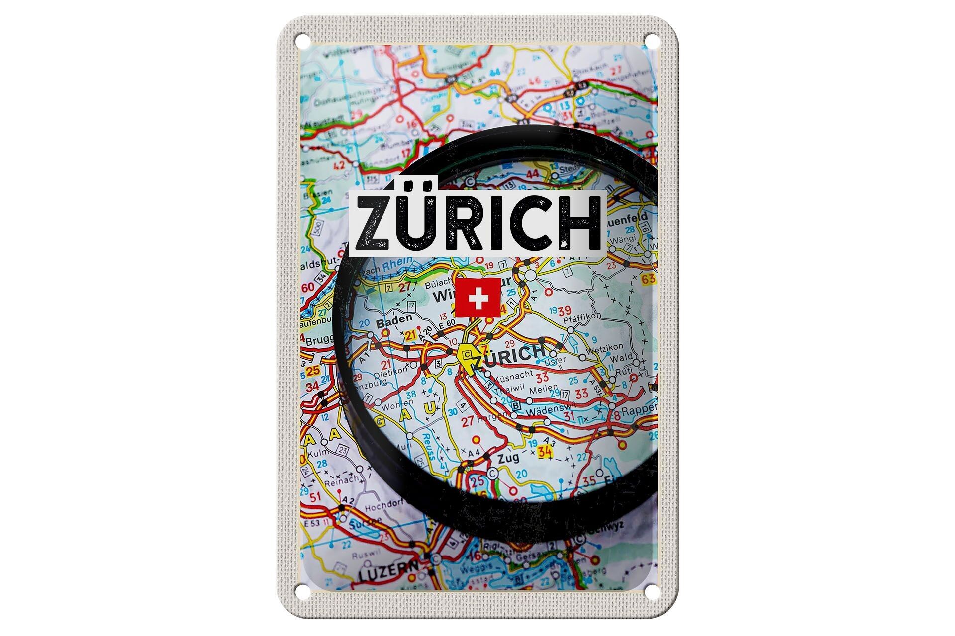 Cartel de chapa de viaje, 12x18cm, mapa de Zurich, Suiza, lupa, decoración de la ciudad