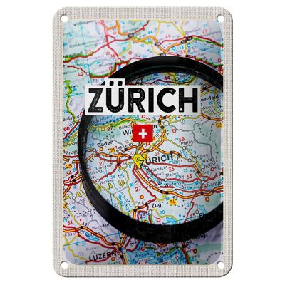 Cartel de chapa de viaje, 12x18cm, mapa de Zurich, Suiza, lupa, decoración de la ciudad