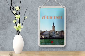 Panneau de voyage en étain, 12x18cm, Zurich, suisse, vue du lac à la ville 4