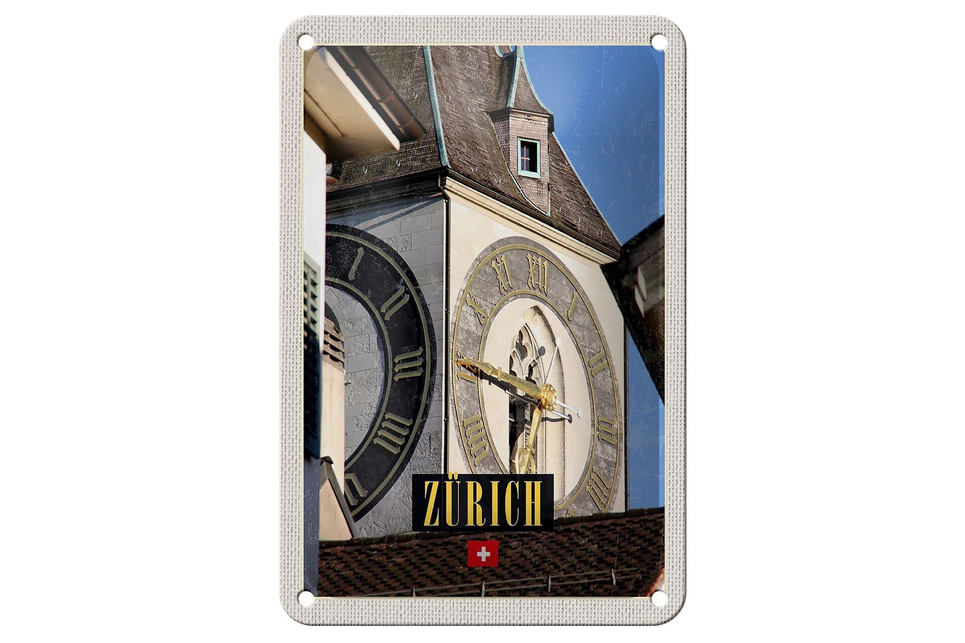 Cartel de chapa de viaje, 12x18cm, reloj de la iglesia de Zurich, cartel de arquitectura dorada