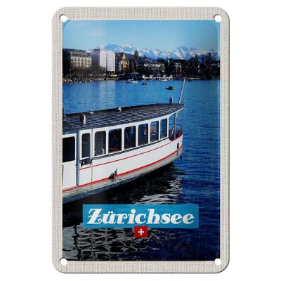 Panneau de voyage en étain, 12x18cm, bateau de Zurich, bateau, lac, ville, montagnes
