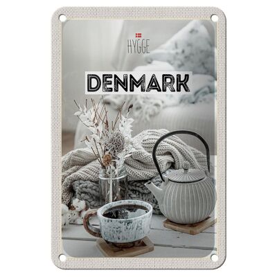 Blechschild Reise 12x18cm Dänemark weiß Teekanne gemütlich Decke Schild