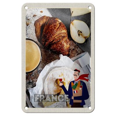 Cartel de chapa de viaje, 12x18cm, Francia, café, croissant, pera