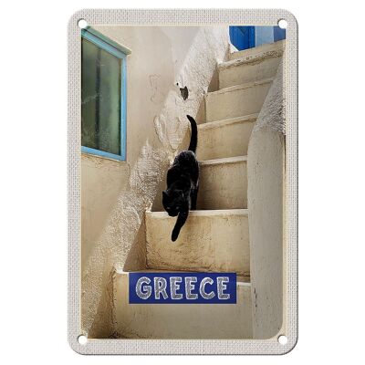 Blechschild Reise 12x18cm Greece Griechenland weiße Treppe Katze Schild