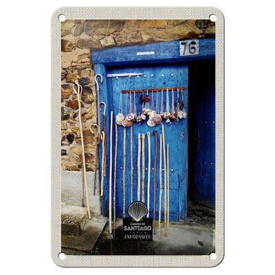 Letrero de hojalata para viaje, 12x18cm, conchas de España, puerta azul, bastón